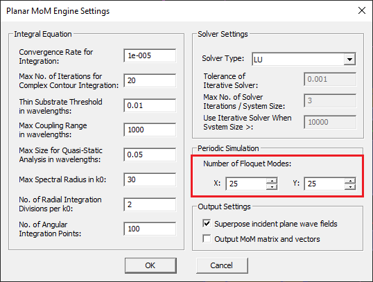 Changing the number of Floquet modes from the Planar MoM Engine Settings dialog.