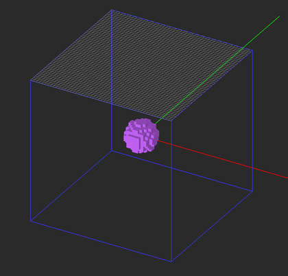 The generated fixed-cell mesh for of sphere with Δx = Δy = Δz = 1mm and the XY grid plane.